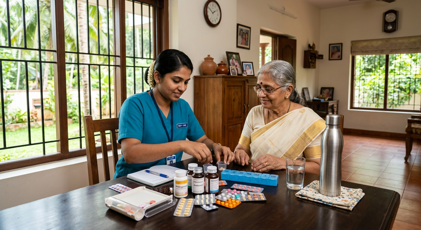 Home nurse organizing medication for an elderly woman
