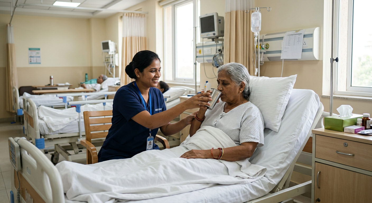 Attendant helping a patient in a hospital ward
