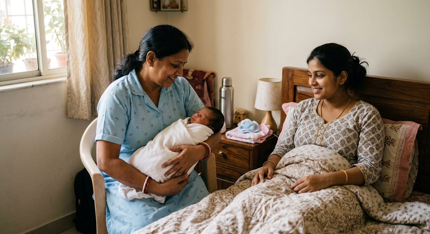Maternity caregiver holding a newborn beside a resting mother